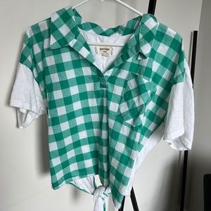 Anthropologie Green and White Checkered Short Sleeve Top